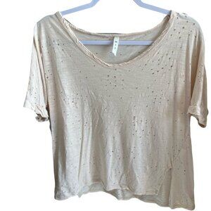 MTS T-Shirt Distressed Cream V Neck Casual Top Size Medium